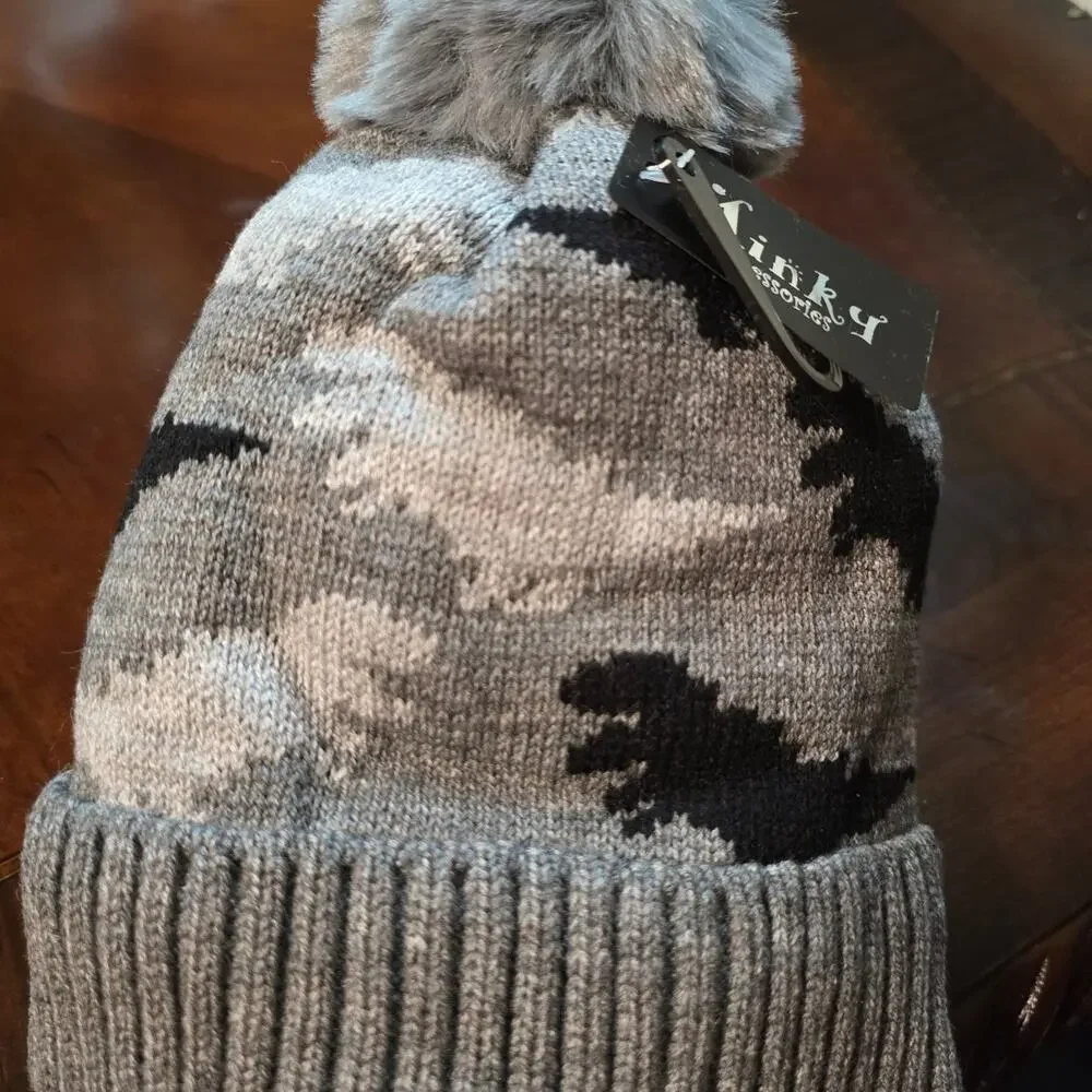 Minky Gray Dinosaur Pom Pom infant Beanie Hat NWT